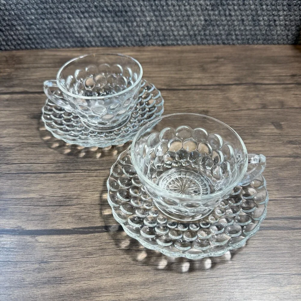 Anchor Hocking Clear Bubble Pattern Glass Cup & Saucer 2 Sets